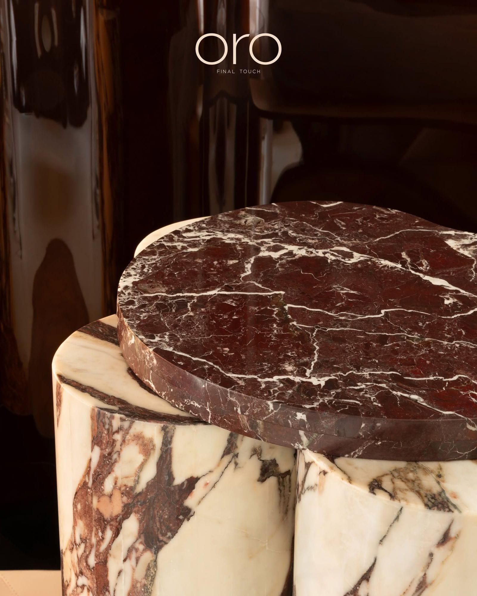 Rosso Side Table — an oxblood marble top stacked on a pale violet-veined marble base